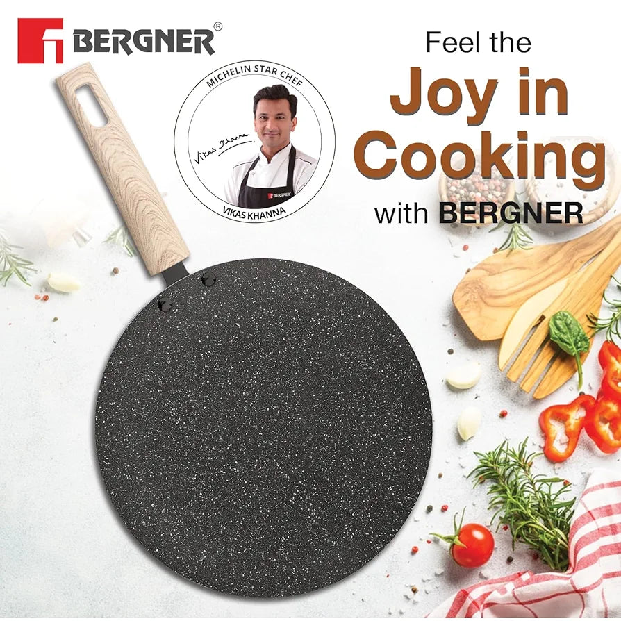 BERGNER Earth Black Non-Stick 26 cm Concave Tawa, Wooden Finish Soft Touch Handle, 3mm Thickness, Consumes Less Oil, Even Heat Distribution, White Marble Splatter, Induction Bottom and Gas Ready