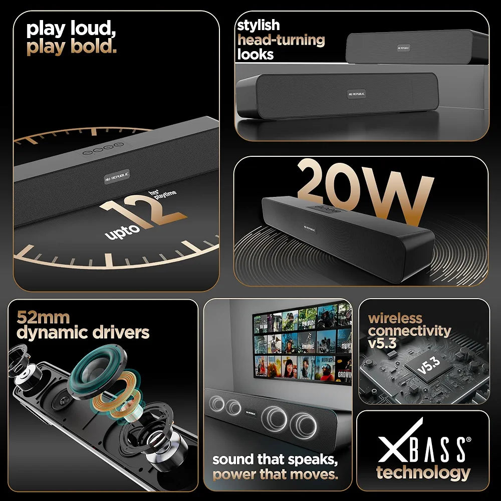Nu Republic Soundbar 20 Bluetooth Soundbar with X-Bass Technology, 52mm Dynamic Drivers, Upto 12 Hrs Playtime, 20 W Output, Aux/USB Port  