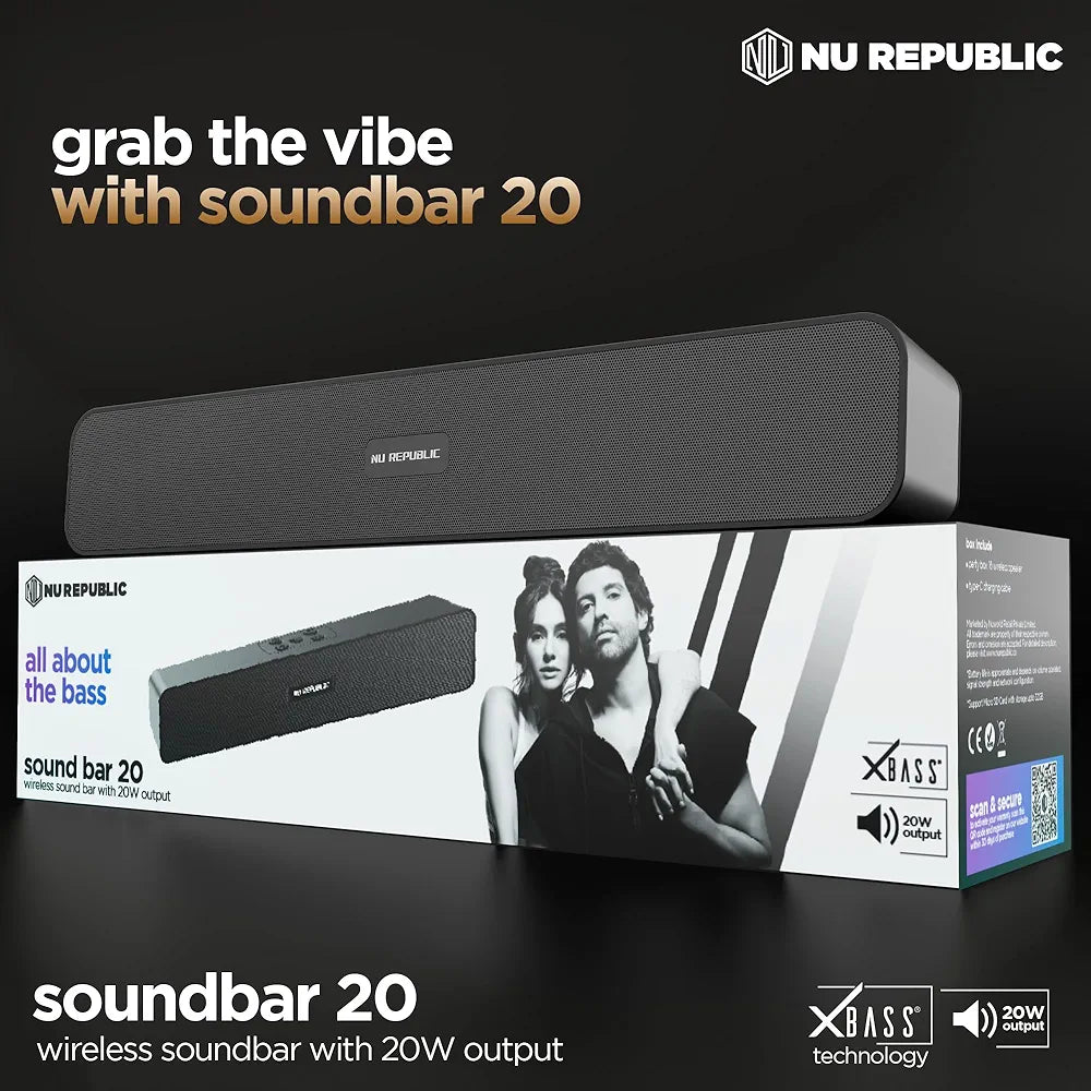 Nu Republic Soundbar 20 Bluetooth Soundbar with X-Bass Technology, 52mm Dynamic Drivers, Upto 12 Hrs Playtime, 20 W Output, Aux/USB Port  