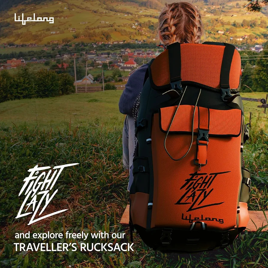 Lifelong 80 Ltr Travel Backpack - Rucksack Bags For Men & Women's - Trekking Bag Laptop Compartment - Tourist Bag For Travel, Hiking, Camping & Trekking- Rucksack Bag Accessories - Orange, 1