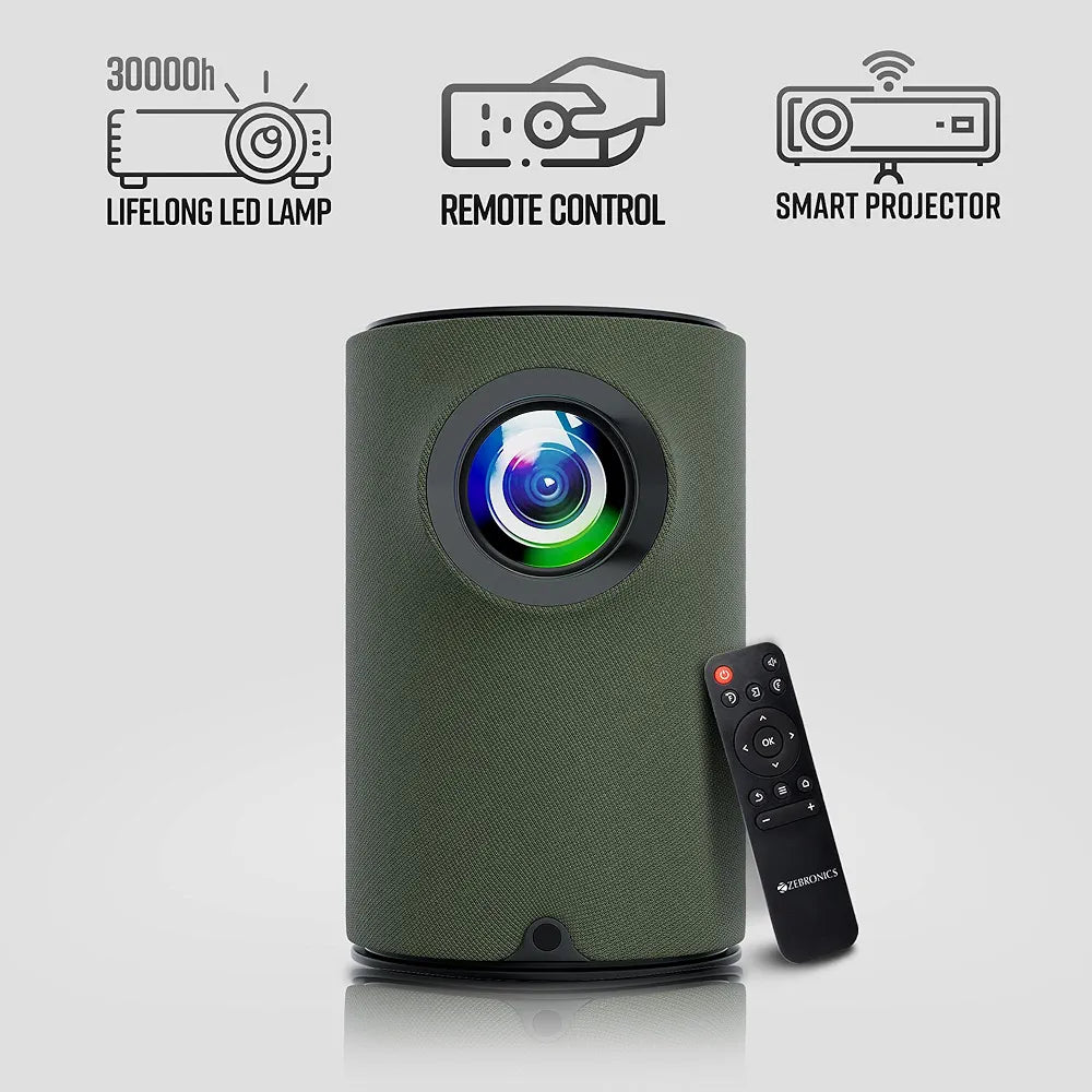 ZEBRONICS PIXAPLAY 22, Smart Projector, 3400 Lumens, 4K Support, 160 Inch Screen Size, Supports Bluetooth, HDMI, USB, WiFi, 720p Native, Powerful Speaker, Electronic Focus, APP Support, Miracast