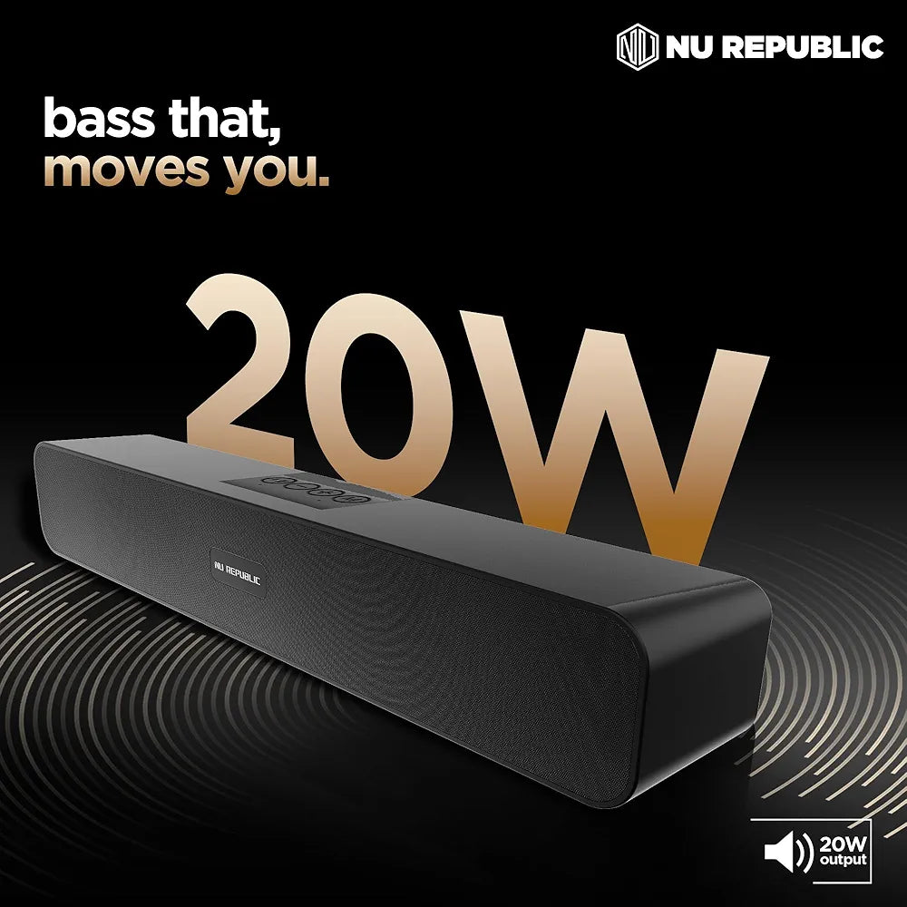 Nu Republic Soundbar 20 Bluetooth Soundbar with X-Bass Technology, 52mm Dynamic Drivers, Upto 12 Hrs Playtime, 20 W Output, Aux/USB Port  
