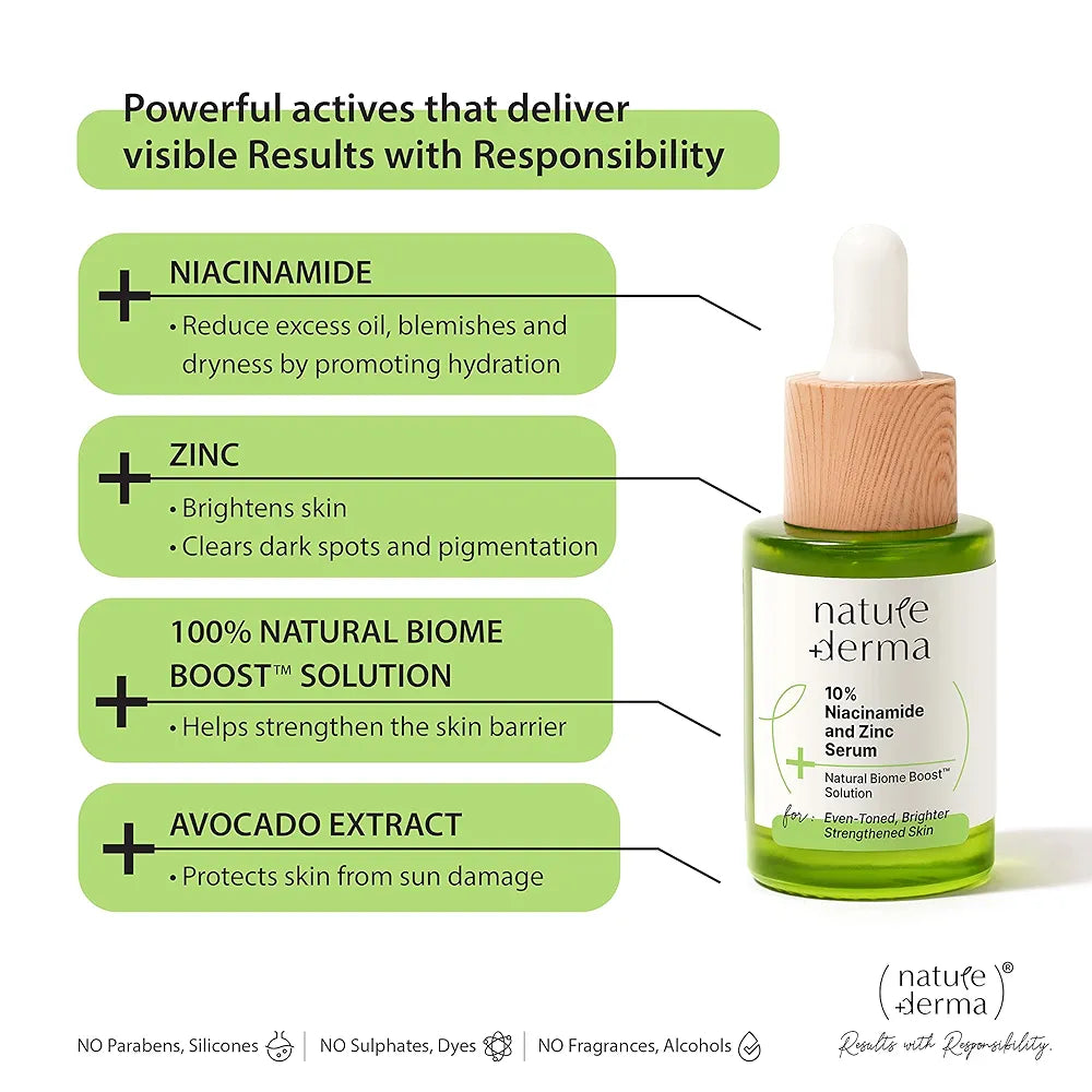 Nature Derma 10% Niacinamide & Zinc Serum with Natural Biome-Boost™ | Reduces Pores and Dark spots | Brighter, Even Toned and Strengthened Skin | 30ml | Dermatologically Tested