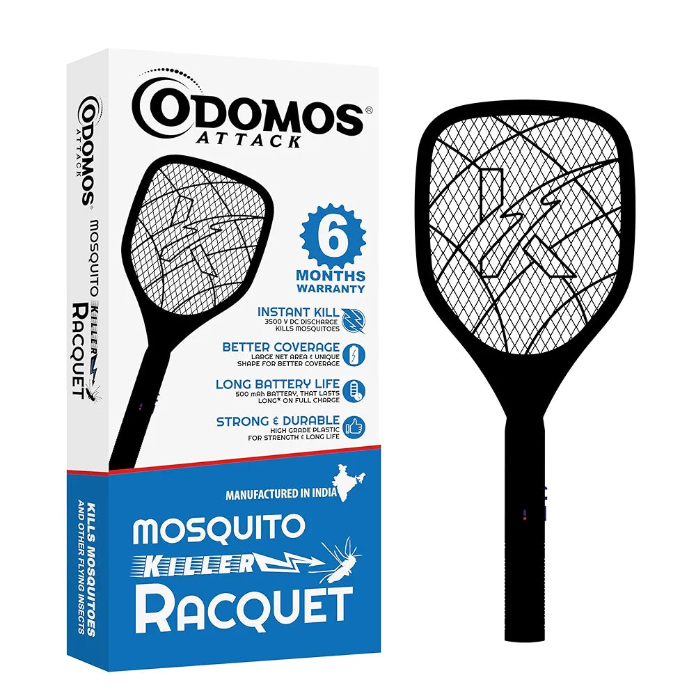 Odomos Attack Anti - Mosquito Rechargeable Racquet | 500mAH Battery | Large Net Area for Better Coverage | Long Lasting Internal Battery with Plug in Socket | 6 Months Warranty 