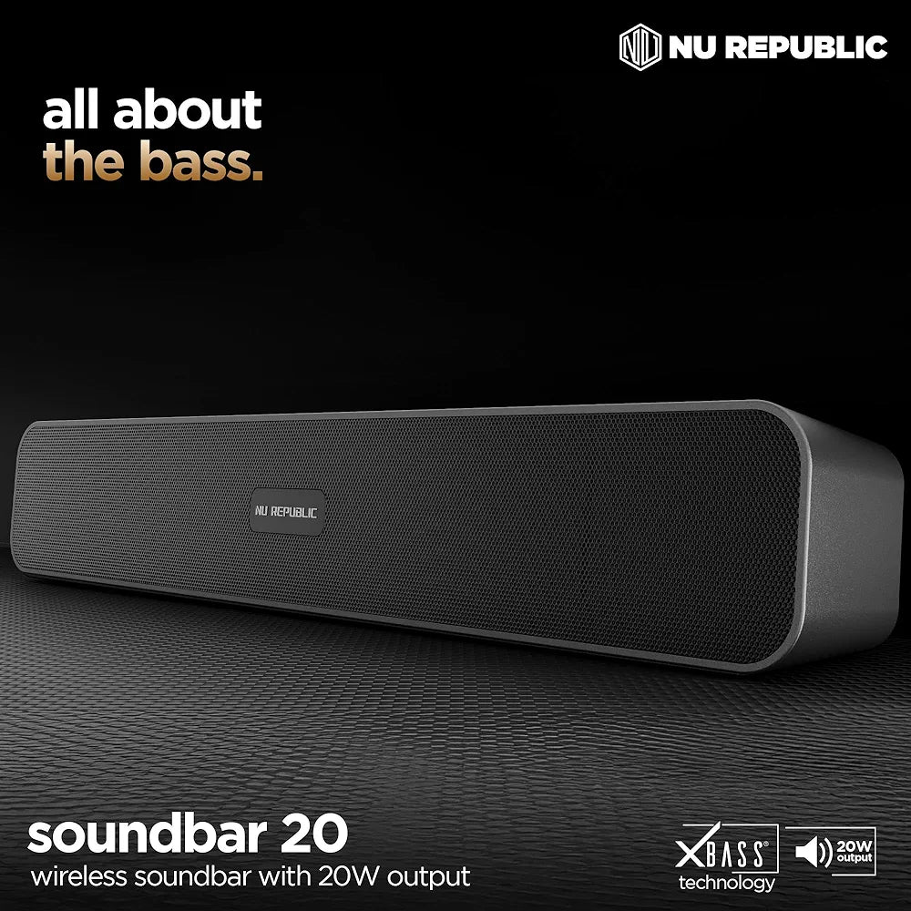 Nu Republic Soundbar 20 Bluetooth Soundbar with X-Bass Technology, 52mm Dynamic Drivers, Upto 12 Hrs Playtime, 20 W Output, Aux/USB Port  