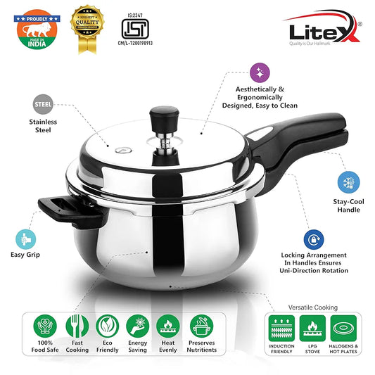 Litex Triply Stainless Steel Pressure Cooker, Induction Compatible, Outer Lid with Safety Lock, Stay-Cool Handles, 5-Year Warranty