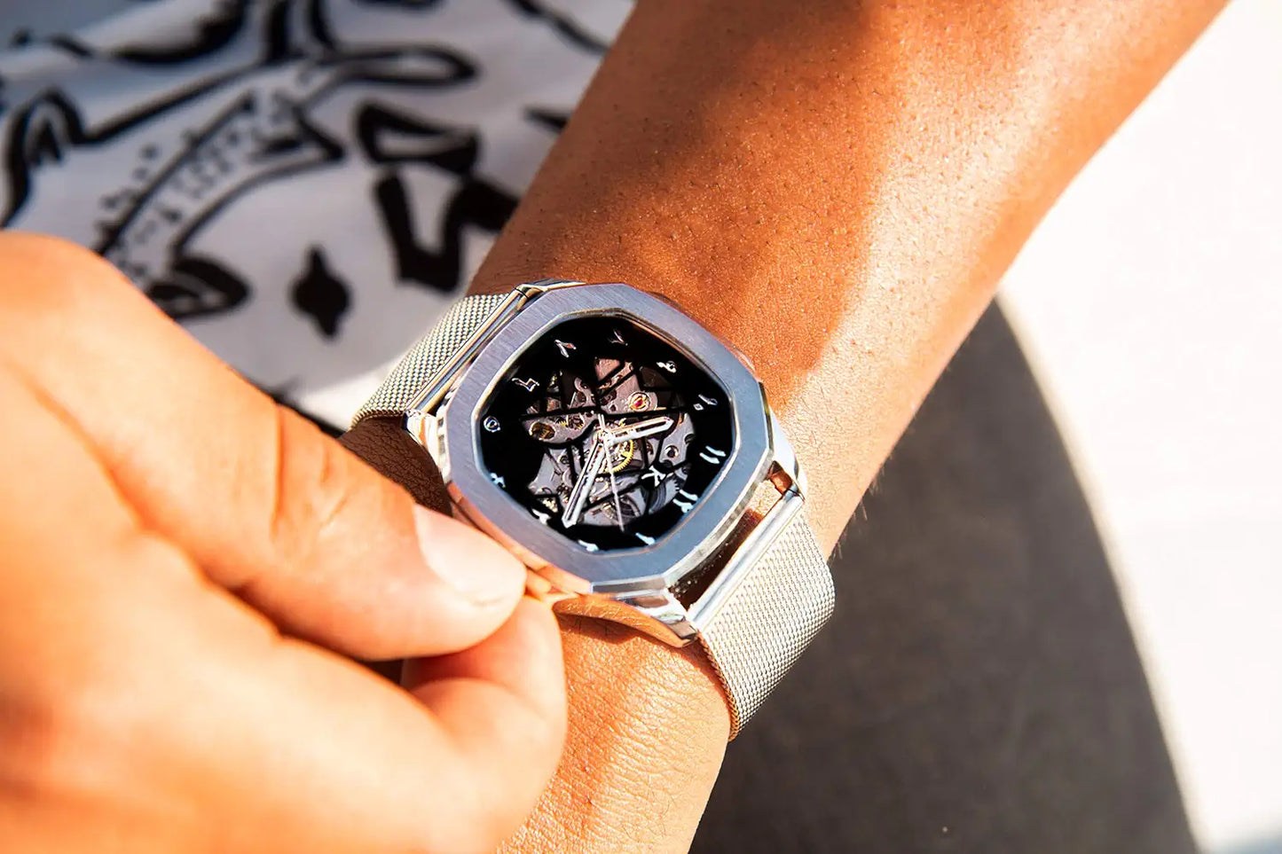 Kredo Men OTUS Malik Silver Mechanical Automatic Skeleton Analogue Self-Winding Water Resistant Stainless Steel Wrist Watch-KW073 | Octagonal Dial Mesh Stainless Steel Strap | Designed in Amsterdam