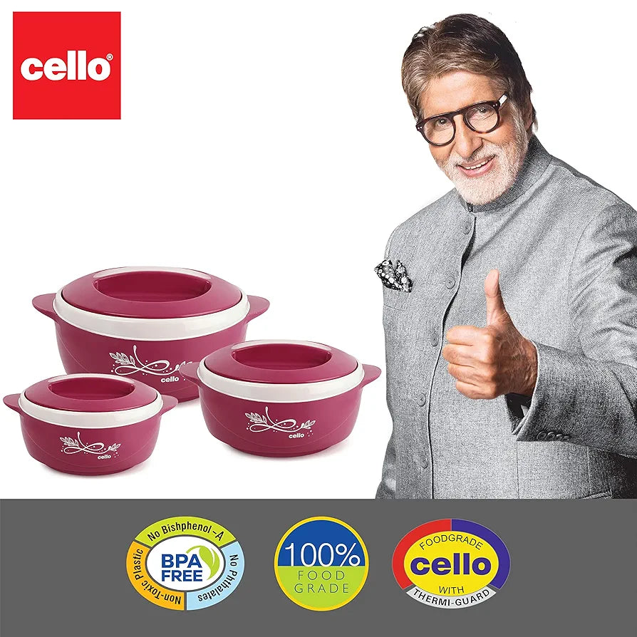 CELLO Sapphire Insulated Inner Steel Casserole Set of 3, Pink  | Hot Box for Kitchen | Hot Pot | Chapati Box | Locks in The Cold & Heat for Long | Serving Bowl with Lid |