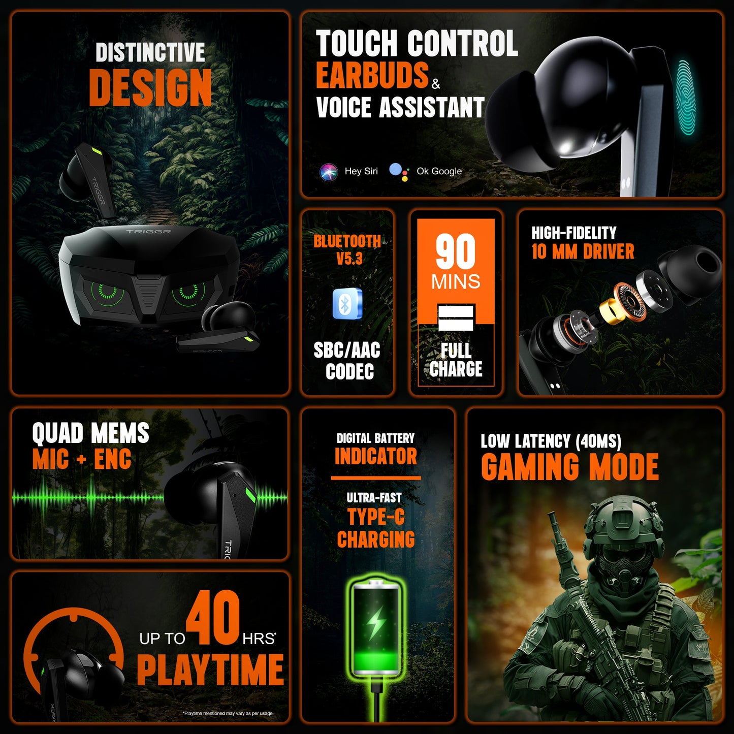 TRIGGR Kraken X1 with Battery Display, 40ms Ultra-low Latency, Quad Mic ENC, 40Hr Battery, Fast Charge, v5.3 Bluetooth Headset