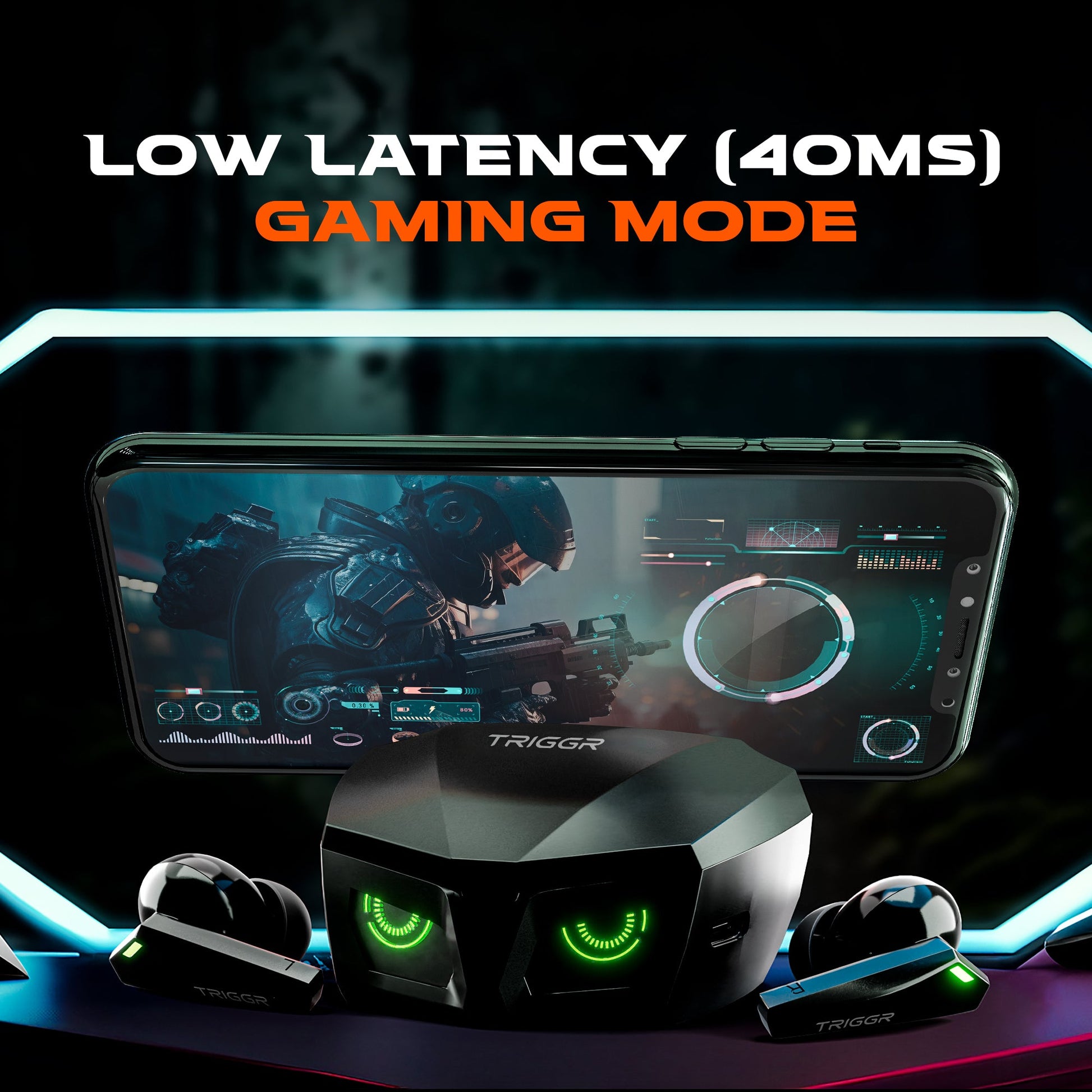 TRIGGR Kraken X1 with Battery Display, 40ms Ultra-low Latency, Quad Mic ENC, 40Hr Battery, Fast Charge, v5.3 Bluetooth Headset