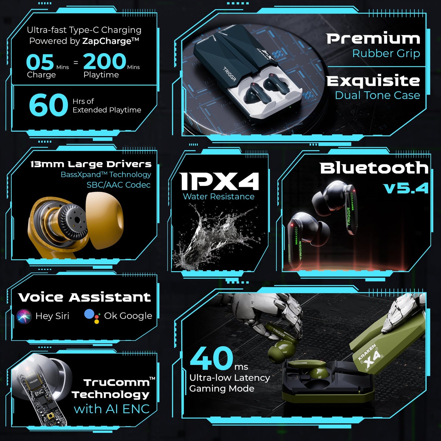 TRIGGR Kraken X4 with 13mm Drivers, 40ms Latency, ENC, 60H Battery, Rubber Finish, v5.4 Bluetooth