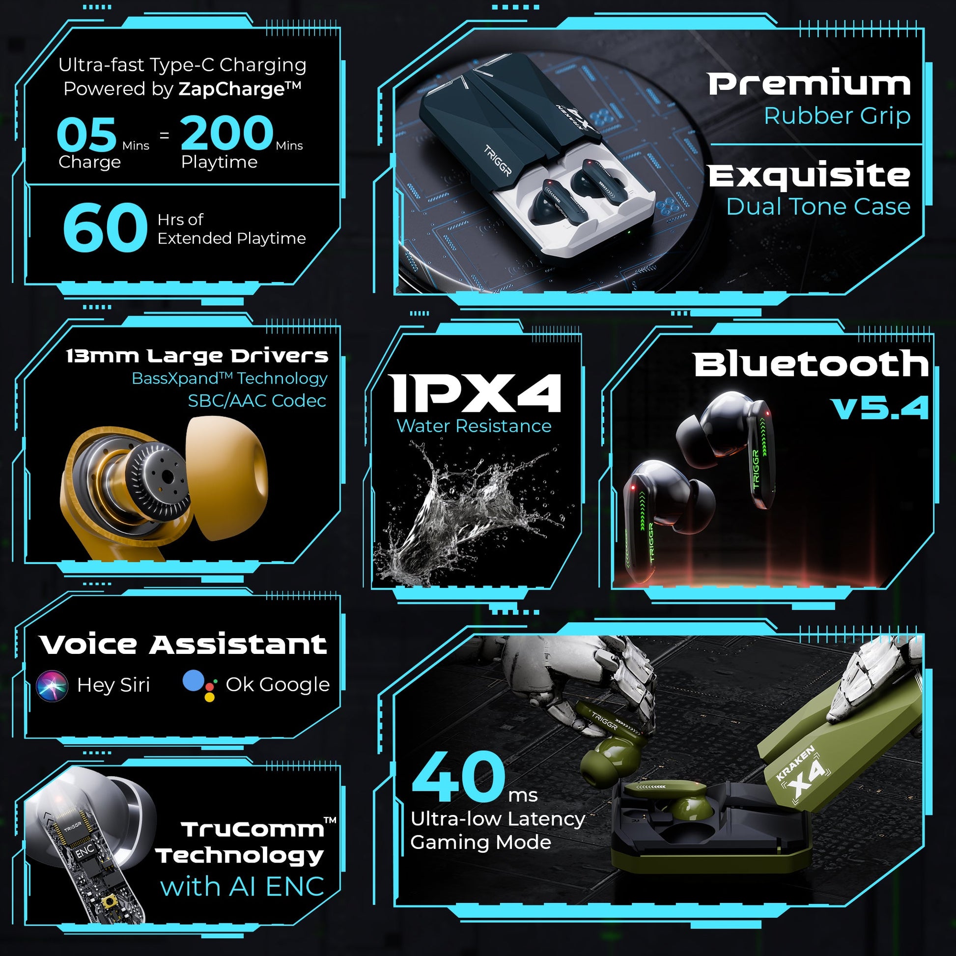 TRIGGR Kraken X4 with 13mm Drivers, 40ms Latency, ENC, 60H Battery, Rubber Finish, v5.4 Bluetooth