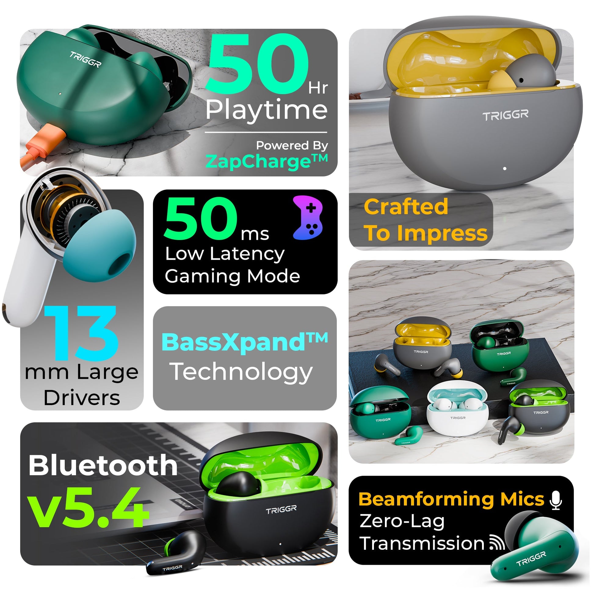 TRIGGR Ultrabuds N3 with Crystal-Clear Calling, 13mm Drivers, Fast Charging, 50H Battery, BassXpand Tech, v5.4 Bluetooth