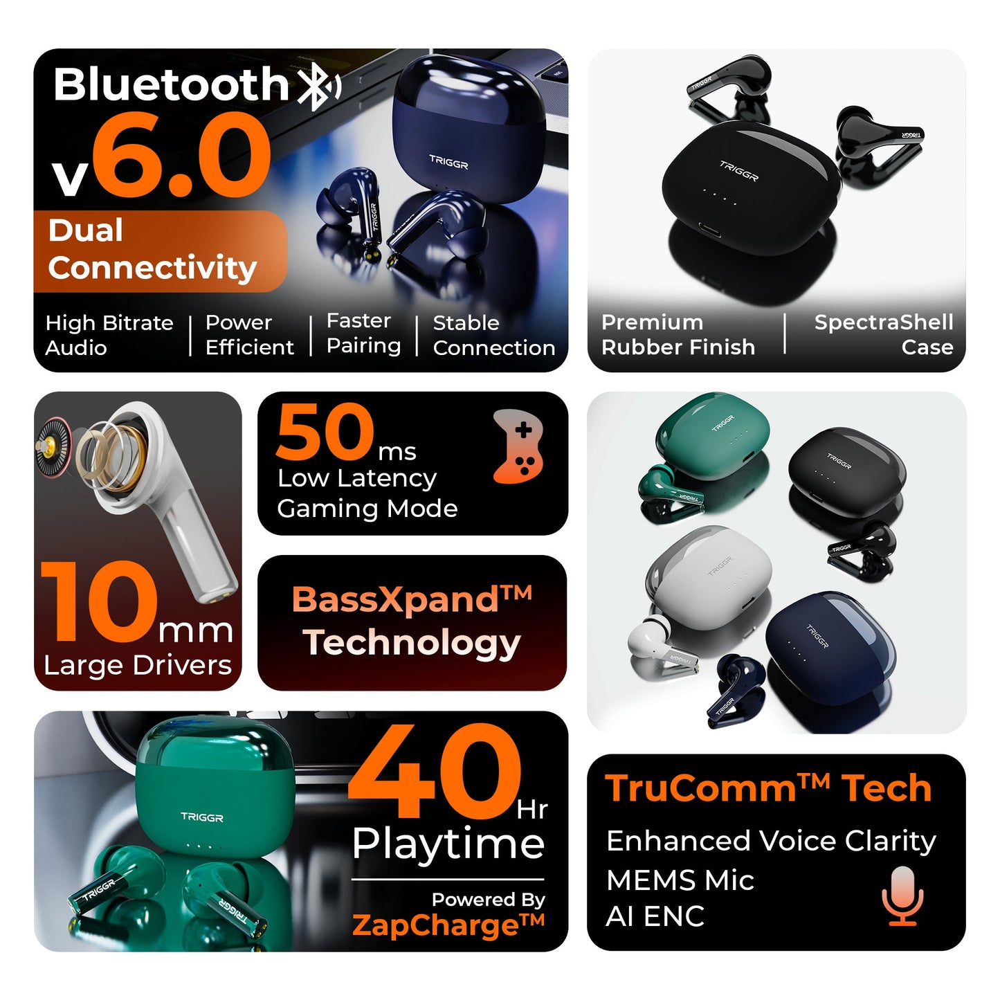 TRIGGR Opus with Latest BT v6.0, Dual Pairing, SpectraShell Case, 40Hr Playtime, 10mm Dynamic Drivers, Rich Bass