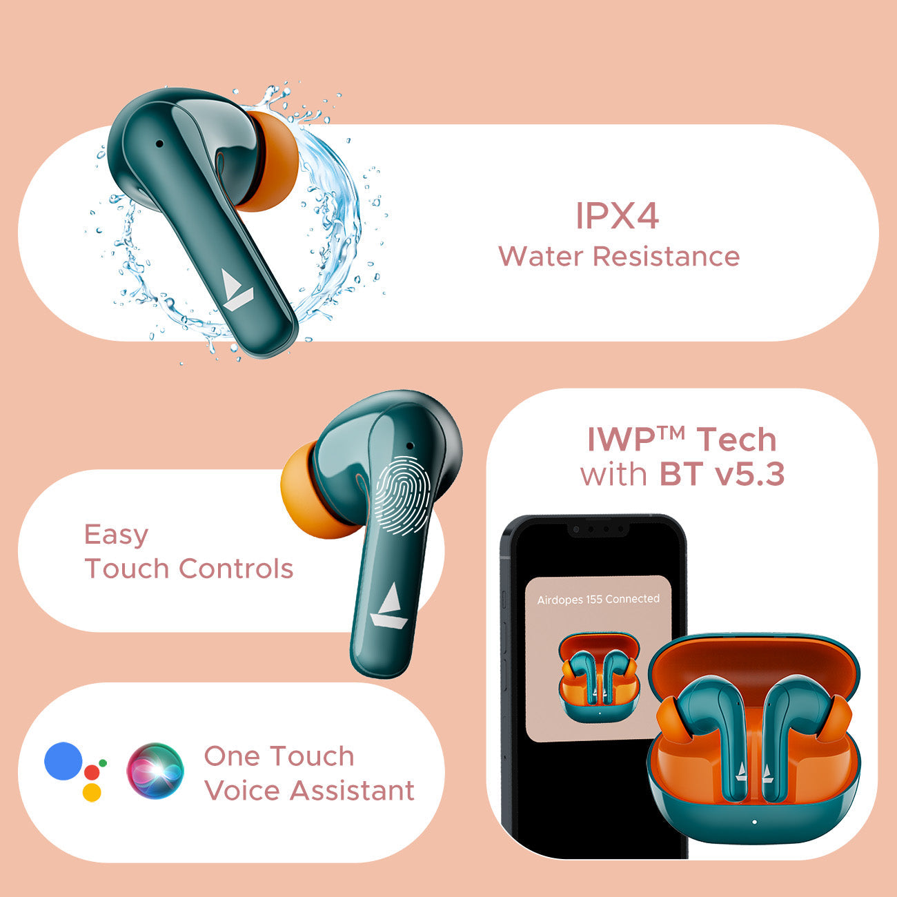 boAt Airdopes 155 | Wireless Earbuds with 40 Hours Playback, ENx™ with Quad Mics, Bluetooth v5.3