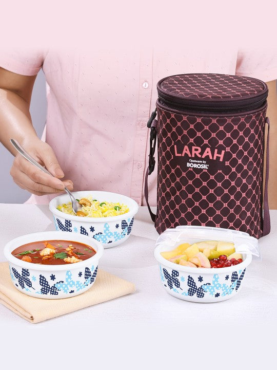 Larah by BOROSIL Veera White & Blue 3 Pcs Printed Leak Proof Lunch Box With Bag 400ml Each
