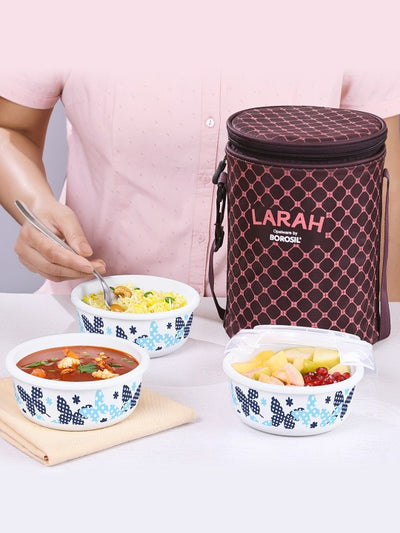 Larah by BOROSIL Veera White & Blue 3 Pcs Printed Leak Proof Lunch Box With Bag 400ml Each