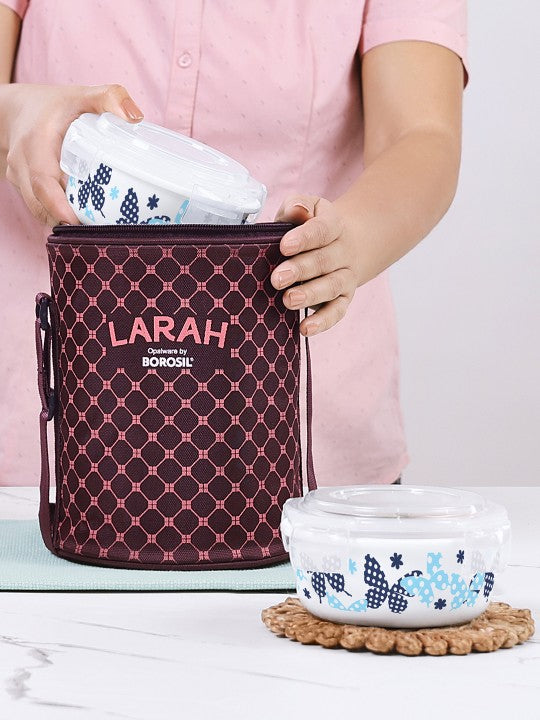 Larah by BOROSIL Veera White & Blue 3 Pcs Printed Leak Proof Lunch Box With Bag 400ml Each