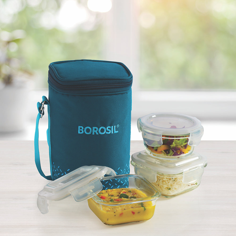 Borosil Teal Glass Lunchbox, Set of 3, 320ml x 2 (+) 240ml