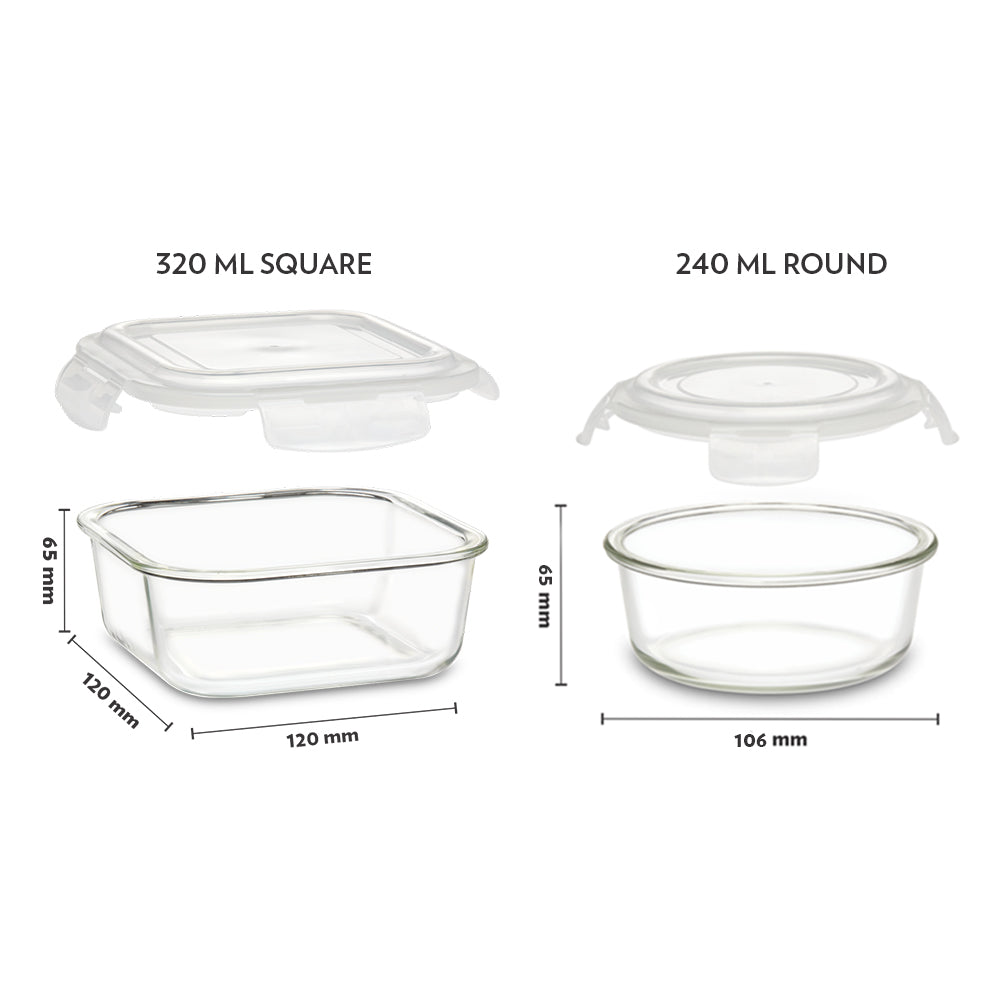 Borosil Teal Glass Lunchbox, Set of 3, 320ml x 2 (+) 240ml