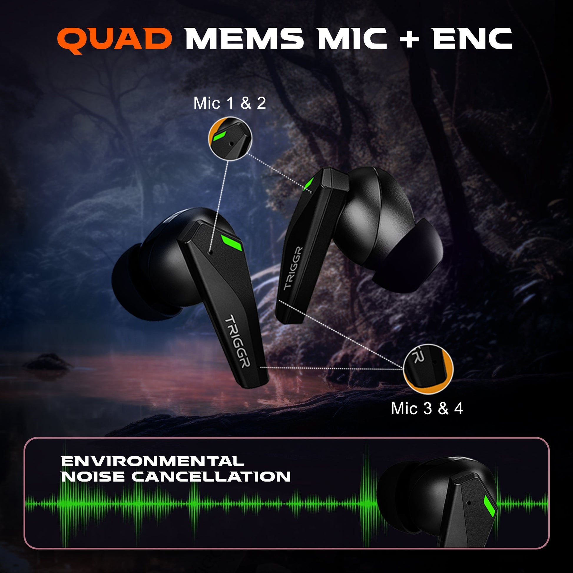 TRIGGR Kraken X1 with Battery Display, 40ms Ultra-low Latency, Quad Mic ENC, 40Hr Battery, Fast Charge, v5.3 Bluetooth Headset